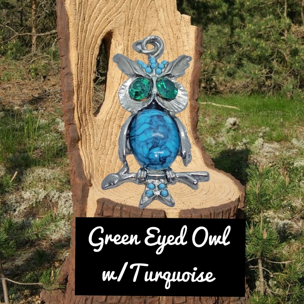 Green Eyed Owl with Turquoise Pendant